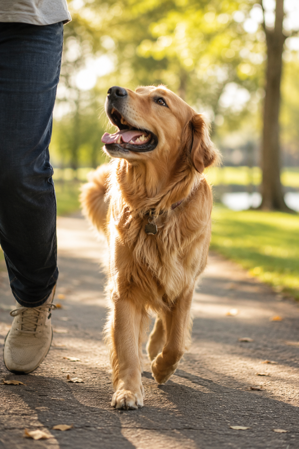 Golden retriever walking through a park